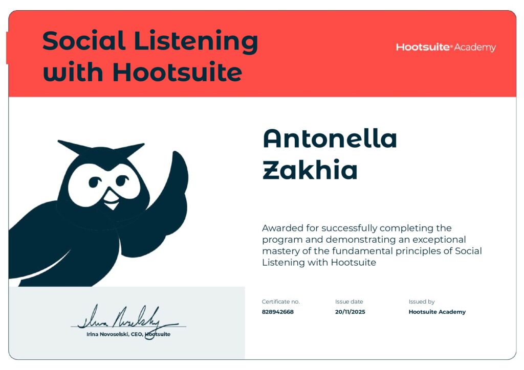 Hootsuite Social Listening certificate — Antonella Zakhia