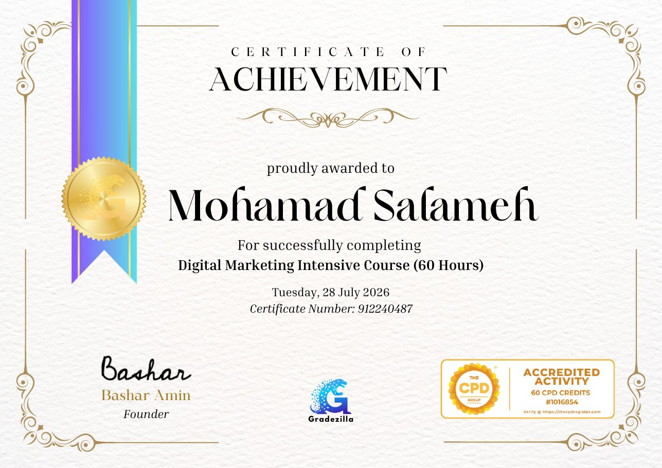 Gradezilla certificate of achievement — Mohamad Salameh, Digital Marketing Intensive Course (60 hours)