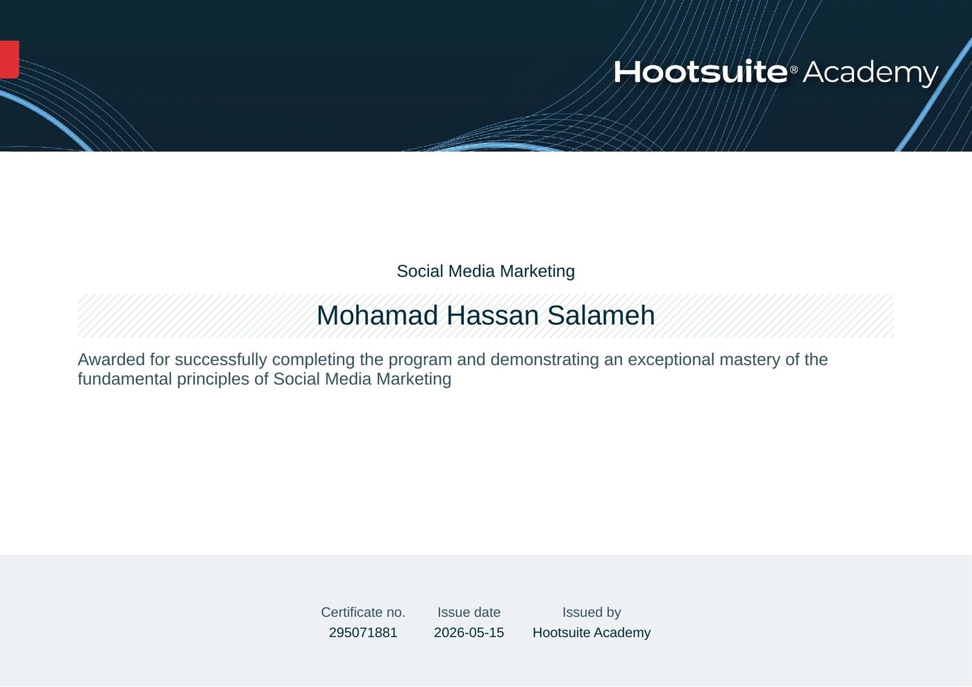Hootsuite Social Media Marketing certificate — Mohamad Salameh