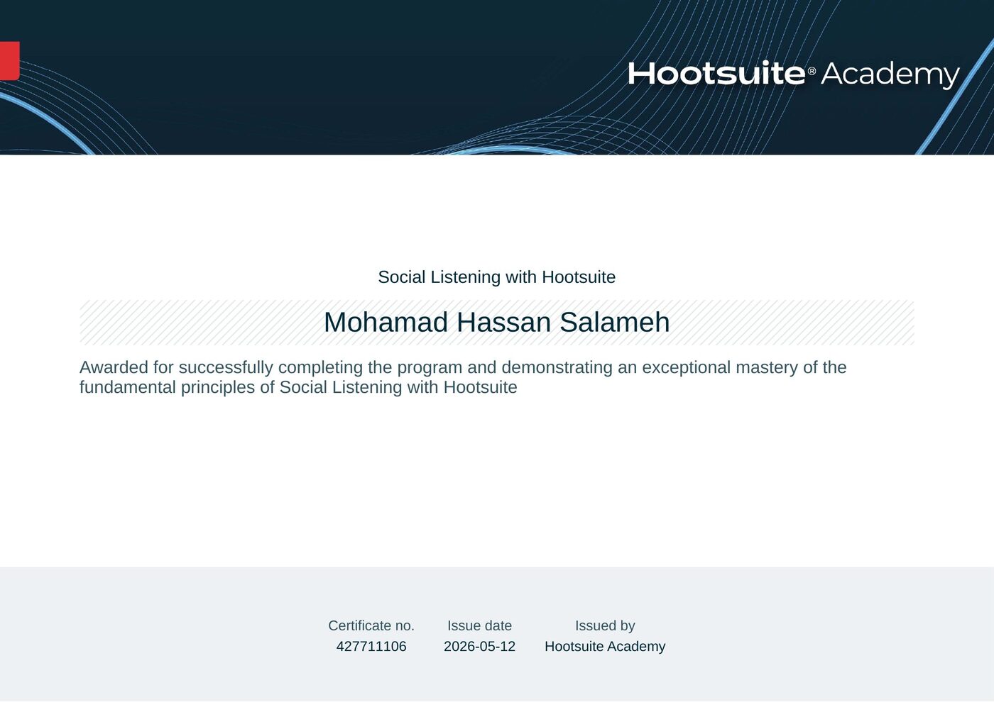 Hootsuite Social Listening certificate — Mohamad Salameh